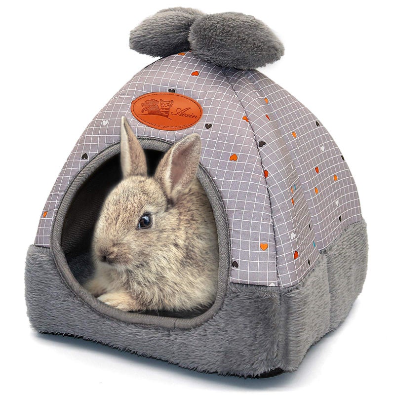 YUEPET Bunny Bed Warm Guinea Pig Cave Beds Cute Bowknot House Big Hideouts Cage Accessorie for Dwarf Rabbits Hamster Bunny Ferrets Rats Hedgehogs Chinchilla (Grey Grid) - Image 1